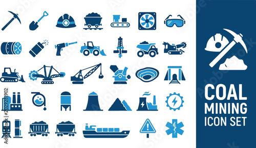 Quadro em tela Coal Mining Icon Set Vector Graphics of Industry and Extraction Symbols
