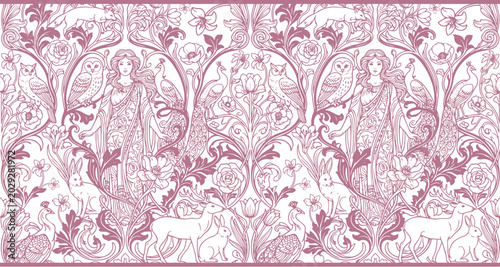 Vintage Art Nouveau horizontal border with goddess figure, peacock, owl and woodland animals in mauve line art