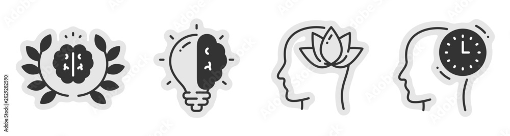 Fototapeta premium Icons representing mental processes and mindfulness concepts in row. Editable stroke