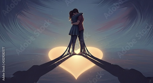 Couple Embrace Silhouette Heart Sunset.