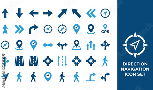 Fotografie Direction Navigation Icons Collection, Set of Vector Arrows, Map Markers, and Ro