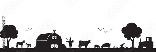Farm life silhouette landscape with animals, barn and tractor