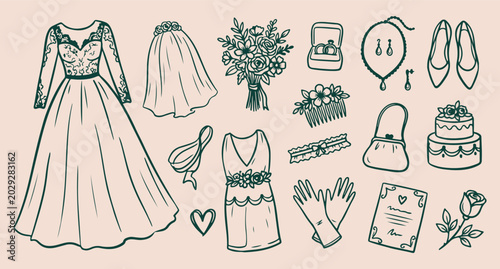 Foto monoline vector fashion accessories, wedding day elements set, minimalist bridal
