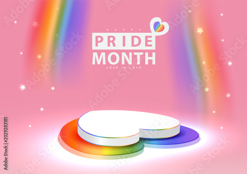 3D heart-shaped white podium with rainbow edge for Pride Month celebration. Vector illustration.