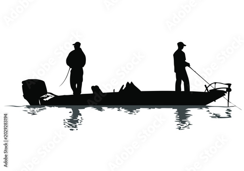 Fishermen in a bass boat silhouette, tranquil lake fishing activity