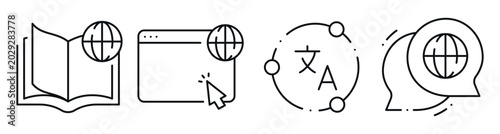 Language translation and global communication in icon set. Editable stroke