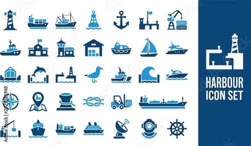 Photos Vector collection of diverse harbour and maritime icons presented on a clean whi