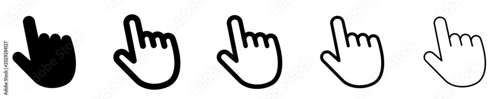 Obraz premium Line icons of a hand with a pointing index finger at an angle. Black elements of different stroke weights. Vector illustration.