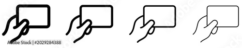 A set of line icons depicting a hand holding a card, business card, or blank rectangle. Graphic elements are made in black with various stroke weights. Vector illustration.