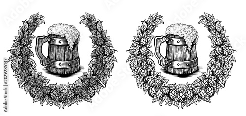 Beer wooden mug inside hop wreath. Two hand drawn elements in different sketch style. Suitable for beer labels, and branding, craft brewery, brewing. Vector illustration on transparent background