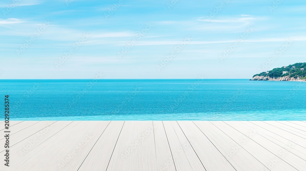 Fototapeta premium Serene coastal view with blue ocean, clear sky, and wooden deck