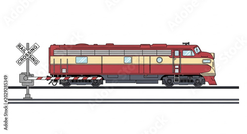 Foto Vintage Red Diesel Locomotive at Railroad Crossing.