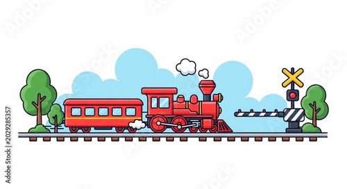 Photos Vintage red steam train on railway tracks with crossing gate.