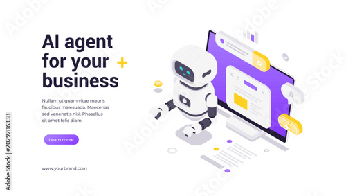 Modern isometric vector banner template for AI business automation and intelligent process optimization. Features robot interacting with computer analytics dashboard with data visualization elements.