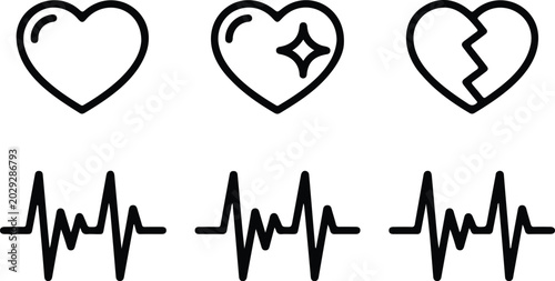 Bild auf Leinwand Clean line art cardiovascular illustration showing three heart icons with electr