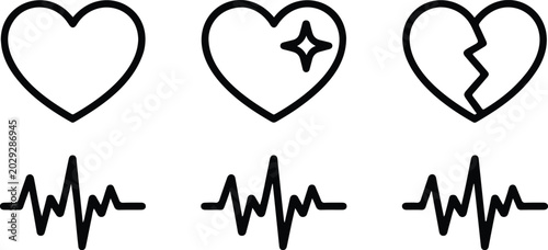 Bild auf Leinwand Clean line art cardiovascular illustration showing three heart icons with electr