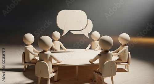 Wooden figurines sitting around a table in discussion