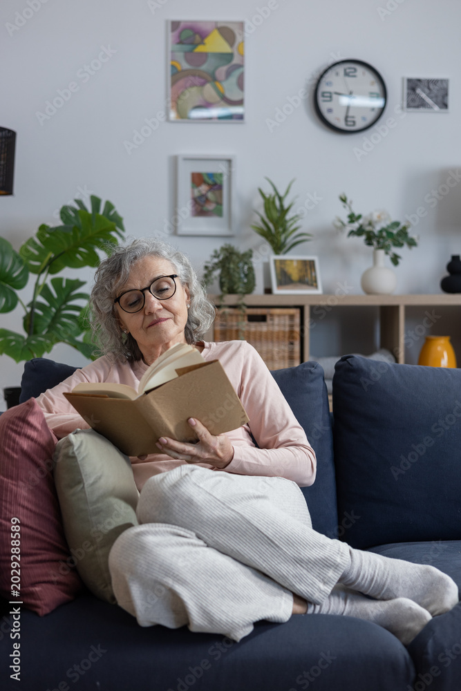 Obraz premium Senior woman relaxing at home reading book