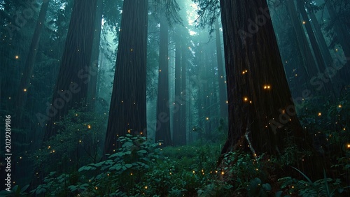Giant redwood forest covered in glowing fireflies after rainfall, cinematic fantasy realism atmosphere, realistic wet bark textures, atmospheric mist particles