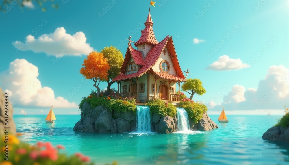 Obraz premium Whimsical cartoon house sits on island cliff with waterfalls. Sailboats float on bright blue ocean under sunny sky with fluffy clouds. Rich green trees surround the charming home.