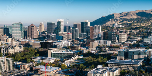 Aerial view of the skyline of Salt Lake City, Utah, USA.
