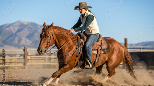 Western cowboy riding horse in outdoor arena during daytime  