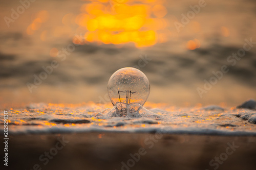 Tableau sur toile Floating incandescent light bulb washed ashore on the beach in the morning, bathed in the golden yellow light of the setting sun