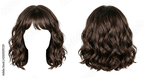 Fotografie Medium wavy brown bob wig with bangs front back