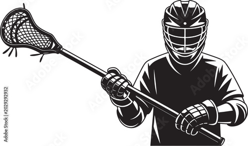Lacrosse player with stick and helmet, team sport, game equipment, active athlete.