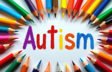 Colorful pencils form circle around word Autism written in bright chalky letters. Support awareness for neurodiversity and learning differences.