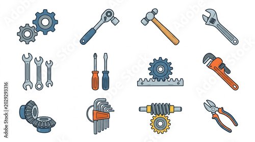 Bild auf Leinwand Collection of various mechanical tools and gears illustration.