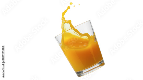 Fresh orange juice being poured into a clear glass with splashing drops isolated on transparent background