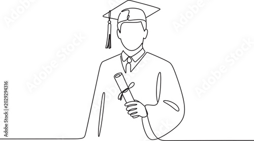 Continuous line art of young male graduate wearing mortarboard and academic gown holding certificate.