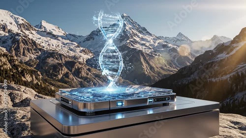 futuristic holographic dna molecule projection over advanced scientific device, gene editing concept, mountain landscape background