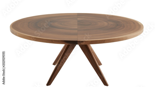 Round wooden table with three thin metal legs on floor isolated on transparent background