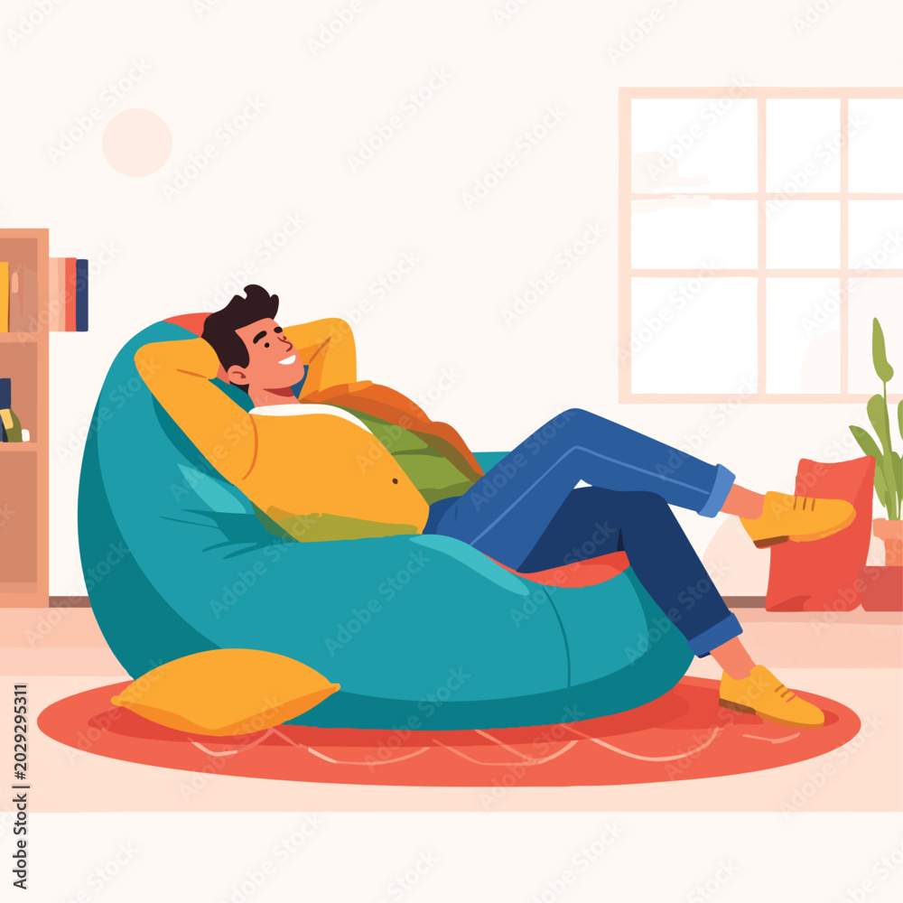 Obraz premium Man relaxing on a bean bag chair in a cozy living room