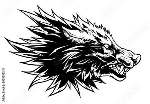 Tableau sur toile Fierce wolf head vector black and white art. Head in side view.