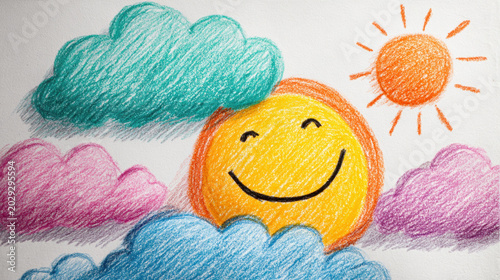 Smiling sun with colorful fluffy clouds in playful crayon sketch style children illustration background