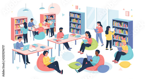 Diverse group of people studying and reading in a modern library setting.