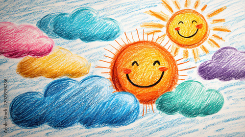 Happy smiling sun and colorful cartoon clouds in playful crayon sketch style children illustration artwork
