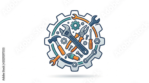 Foto Mechanical Tools Arranged Inside Large Gear Illustration.