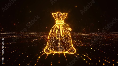 Golden digital wireframe of a tied money bag composed of glowing particles, set against a dark field of scattered golden lights; futuristic, festive, abstract financial concept