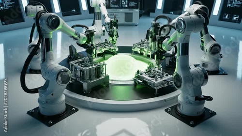 Automated robotic arms assembling complex machinery in a futuristic laboratory with glowing green energy, technology, innovation, manufacturing process