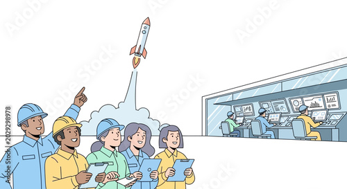 Diverse team of engineers and scientists celebrating successful rocket launch.