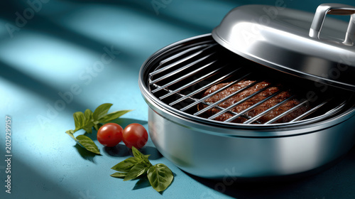 Compact stainless tabletop grill with meat patty and cherry tomatoes for barbecue background and cooking banner