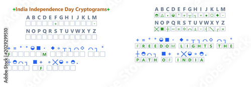 Quadro su tela India Independence Day cryptogram with alphabet key and message