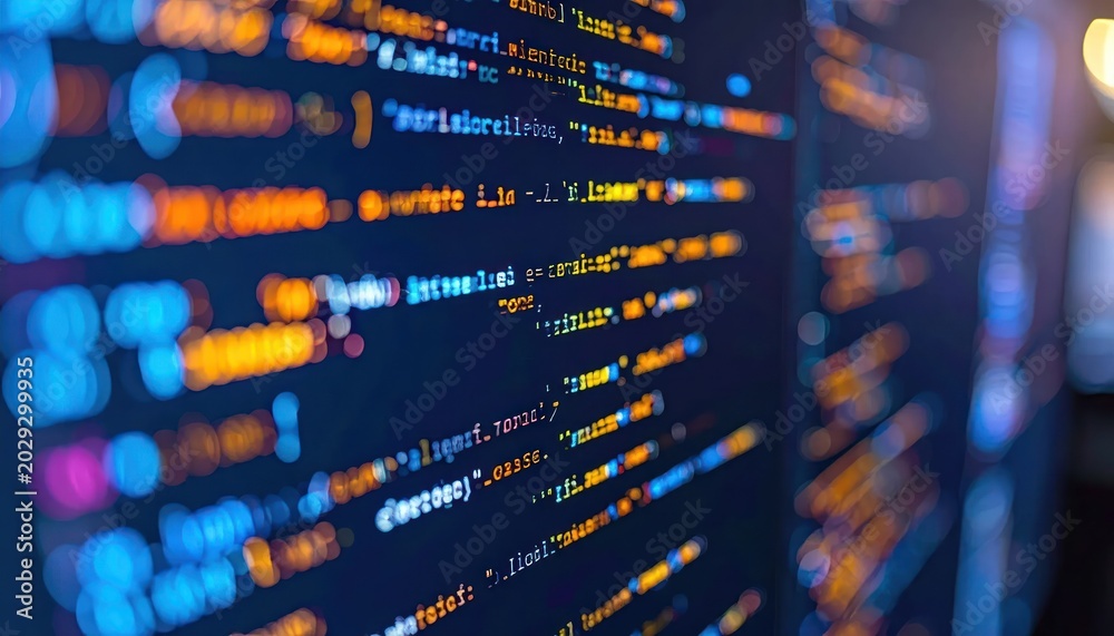 Fototapeta premium Colorful Software Code Displayed on Dark Computer Screen in Digital Workspace