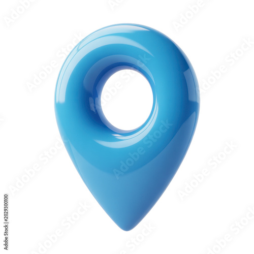 Blue location pin icon with hole for map or navigation isolated on transparent background