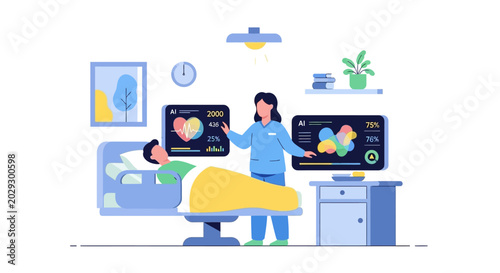 Doctor showing ultrasound scan to patient in hospital room.