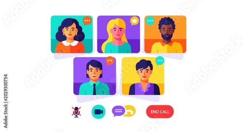 Diverse Group of People in Video Conference Call Interface.